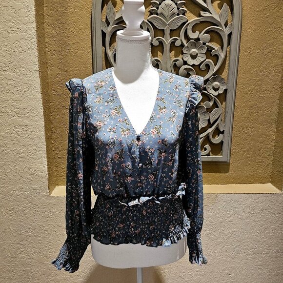 Milk & Honey  Teal Floral Smocked Waist M Top Frenchy Boho Retro Ditsy Romantic - Picture 1 of 9